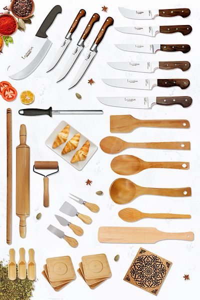 LAZBİSA Wooden Board - Hand Craft Series Kitchen Knife Set, Masat and Montesev (34 Pieces)