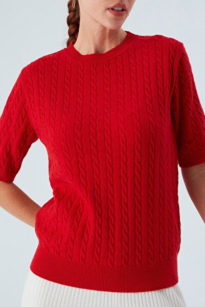 Peraluna Nıcole Blouse Saç Örgülü Kısa Kollu Kaşmirli Kadın Triko Bluz - Kırmızı