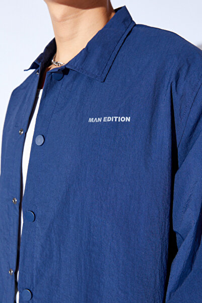 MAN EDITION Indigo Parachute Fabric Printed Rainproof Oversize Coat with Snap Fasteners |   Ee 1000345791