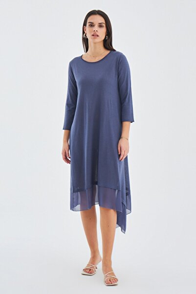 Peraluna Bol Ince Yazlık Şifonlu Kadın Triko Elbise - Gri/mavi