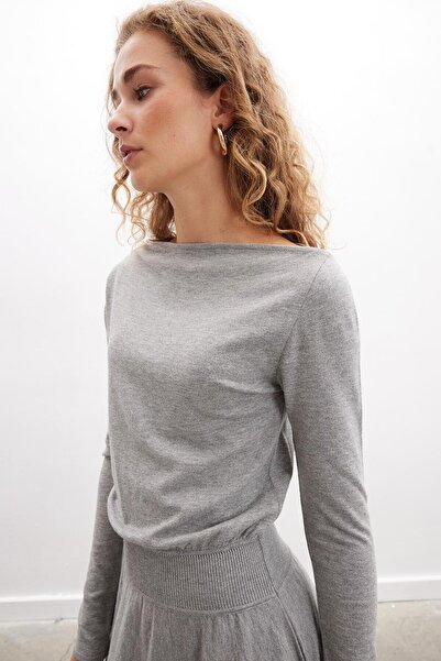 Peraluna Styleboom X Peraluna MAYFAIR DRESS Collar Shir Detail One Shoulder Open Women's Knitwear Dress - Gray Melange