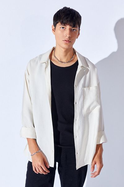 Manche Oversize Soft Textured Thick Modal Single Pocket Men's Outer Shirt |   White Mnw 191099 -01