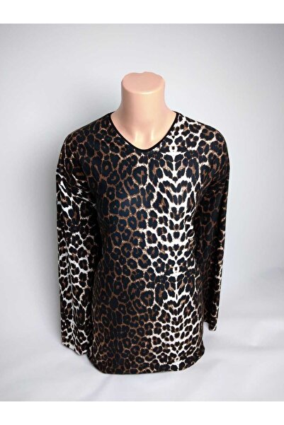 YAŞAR TRİKO Women's Leopard Print V-Neck Long Sleeve Seasonal Suede Mother Combed Cotton T-Shirt Blouse with Slits on the Sides