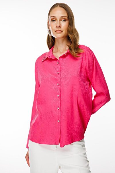 Moda İlgi Modailgi  Yakası Taşlı Puan Jakarlı Gömlek Fuşya