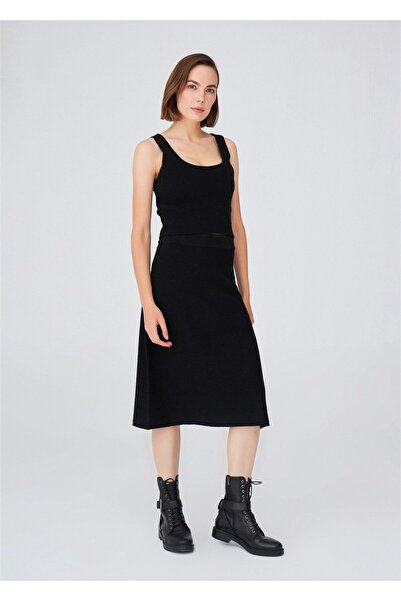 Peraluna Kloş Kesim Kaşmir Karışım Diz Altı Triko Etek - Siyah