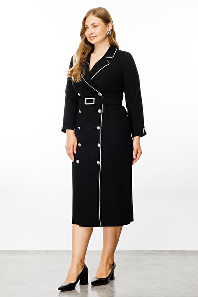 Moda İlgi Black Double-breasted Fashionable Dress - Stripe and Stone Detail