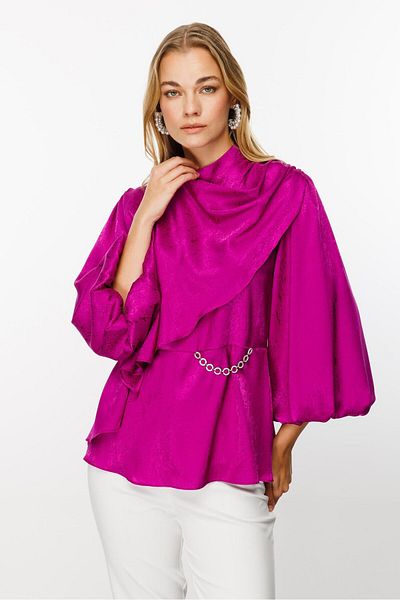 Moda İlgi Fuchsia Modailgi - Degaje Collar and Balloon Sleeve Jacquard Blouse
