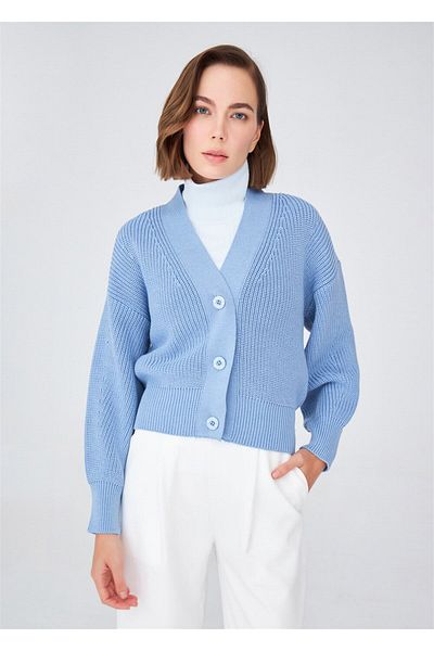 Peraluna Cardigan tricotat cu decolteu în V albastru Olivia - tricot Thessaloniki, cardigan 100% bumbac