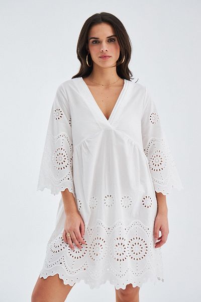 Peraluna Rochie Hiromi 100% bumbac cu mâneci 3/4 până la genunchi Rochie de vară pentru femei - albă