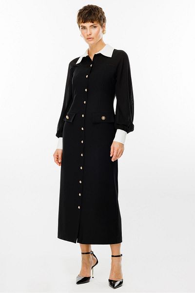 Moda İlgi Modailgi Chiffon Fabric Mix Detailed Button Closure Dress Black