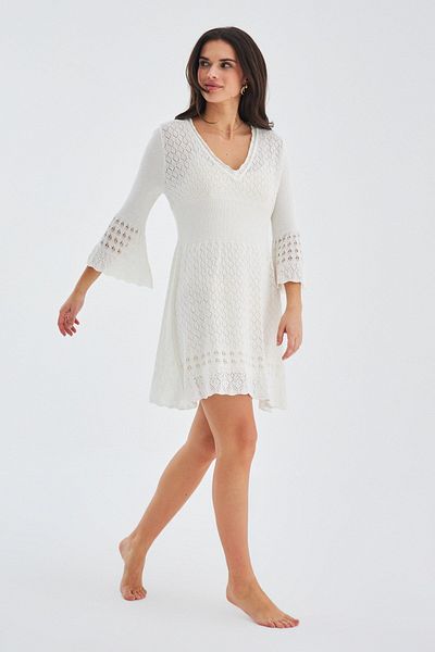 Peraluna Yoho Dress Openwork V-Neck Knee-Length Summer Women's Knitwear Dress - Ecru