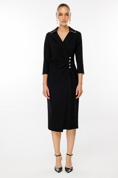 Moda İlgi Μαύρο Midi Length Modailgi Φόρεμα με τρία τέταρτα μανίκια - Λεπτομέρεια πιέτα στη μέση