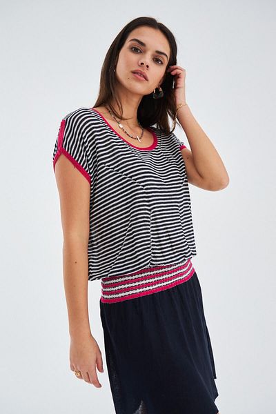Peraluna Rochie de vară pentru femei cu dungi cu gât barcă - bleumarin/ecru