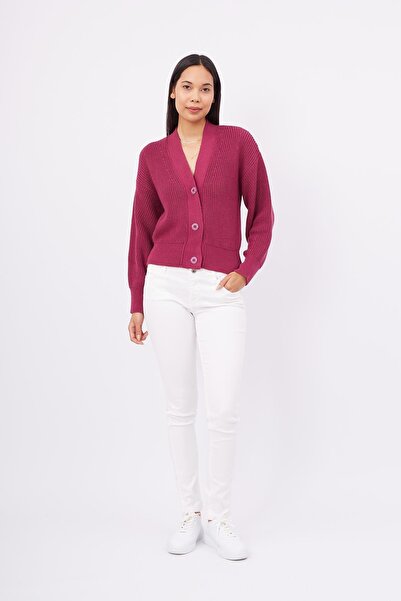 Peraluna Olıvıa Cardıgan Selanik Örgü %100 Pamuk V Yaka Kadın Triko Hırka - Vişne