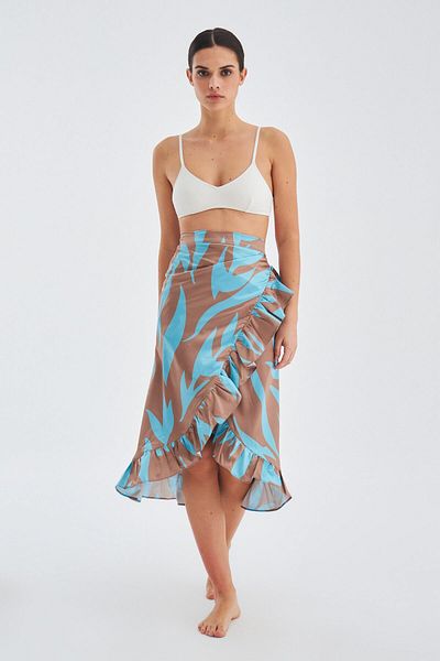 Peraluna Fusta pareo pentru femei Kalinda Skirt cu model, textura mata, cu volane de vara - turcoaz/maro