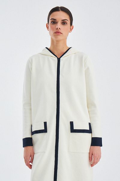 Peraluna Cardigan lung Nara, 100% bumbac, cu glugă, tricotaj pentru femei - Ecru/albastru închis