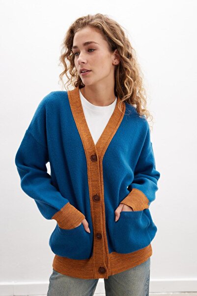 Peraluna Josephıne Cardıgan V Yaka Jakarlı Geniş Kesim Organik Pamuk-yün Karışım Kadın Triko Hırka -