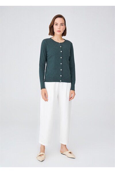 Peraluna Cotton Crew Neck Basic Women's Knitwear Cardigan - Dark Green Melange