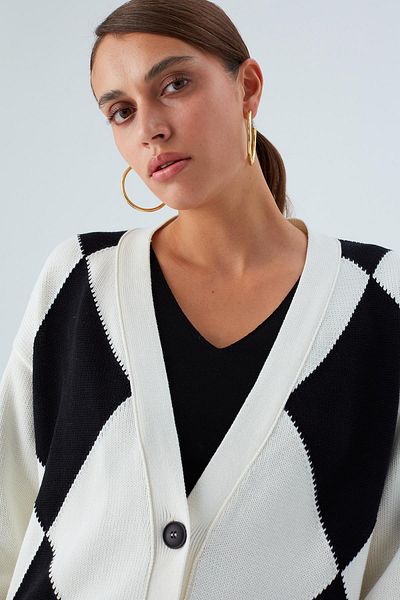 Peraluna Cardigan Irene Cardigan mare, cu model de diamante, cu croiala liberă, sezonieră, pentru femei, tricotaje - Ecru/negru
