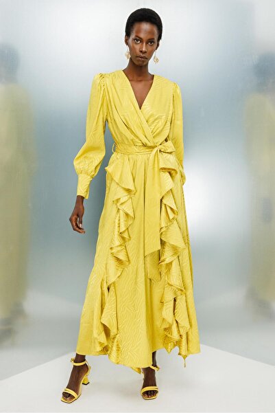 Moda İlgi Modailgi  Volanlı Kruvaze Jakar Elbise Asit