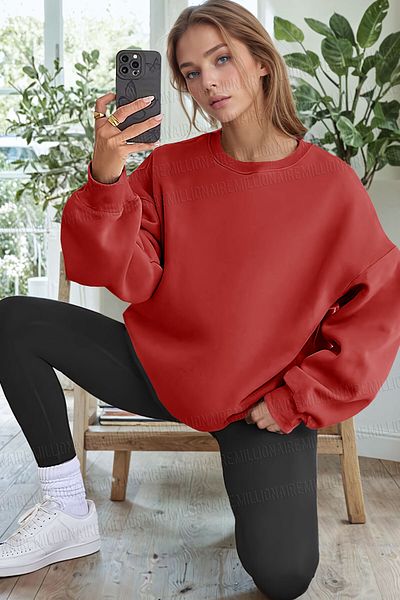 Millionaire Women's Red Basic 0 Crew Neck Unprinted Plain Oversize Loose Loose Fit Fleece Sweatshirt