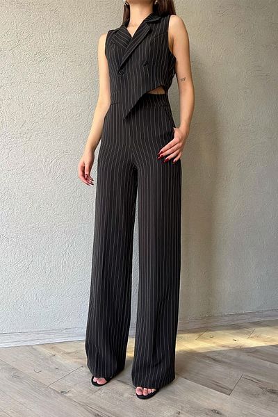 WOMAN VISION Schwarz gestreifter Jumpsuit mit weitem Bein - ärmellos, zweireihiger Kragen, geknöpft 3195