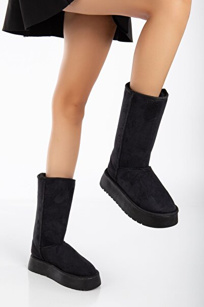 MaskButik Nafouklé chlupaté kozačky na tlustém podpatku černé