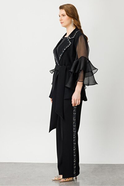 Moda İlgi Modailgi Sleeves Flounced Collar Jewelled Jacket Black