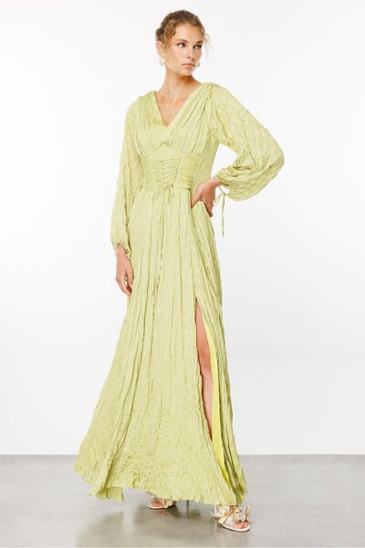 Moda İlgi Acid Color Jacquard Fashionable Pleated Dress