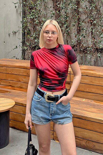 Swist Kırmızı Julia Batik Desen Omuz ve Bel Drapeli Kadın Crop Bluz