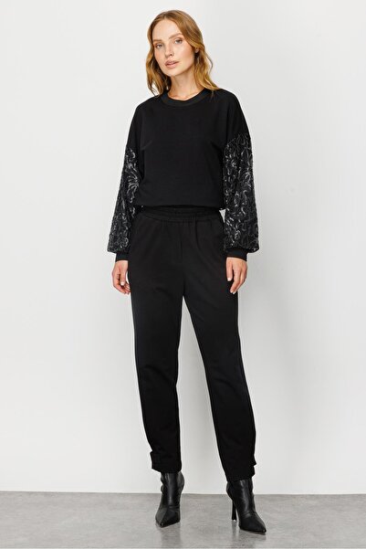 Moda İlgi Modailgi Paçası Pileli ve Bant Detaylı Örme Pantolon Siyah