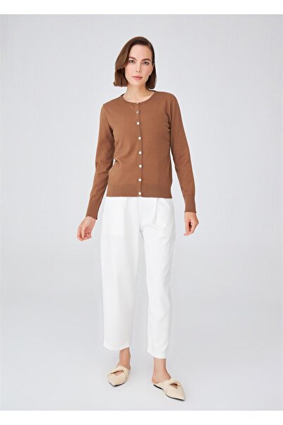 Peraluna Pamuklu Bisiklet Yaka Basic Kadın Triko Hırka - Kamel