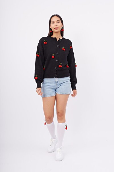 Peraluna Cherry Cardıgan Organik Pamuk Kadın Hırka - Siyah