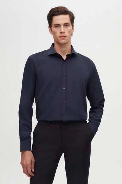 D'S Damat Тъмносиня риза с дълъг ръкав Slim Fit с класическа вратовръзка и прилепнала кройка
