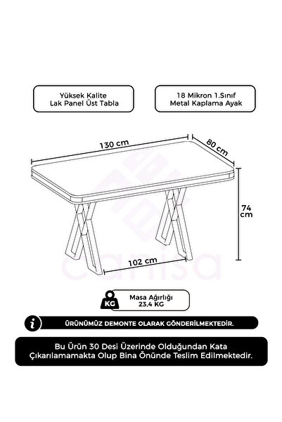 Canisa Rigel Serisi 80x130 Lak Panel Sabit Masa Beyaz Mermer Desen Krom Ayaklı