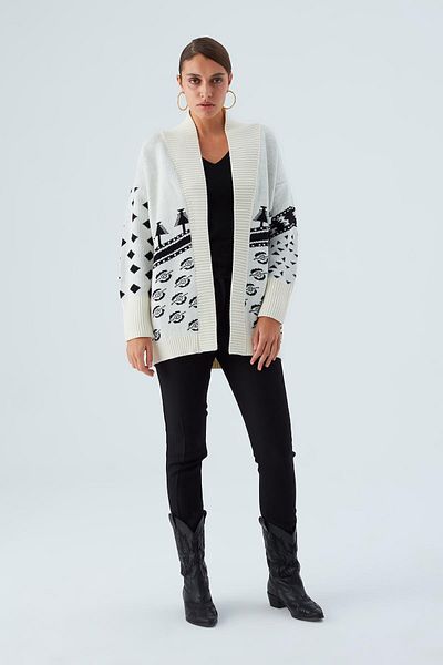 Peraluna Cardigan Moı, cu model de pin, cu croiala relaxată, lungă, pentru femei - Ecru/negru