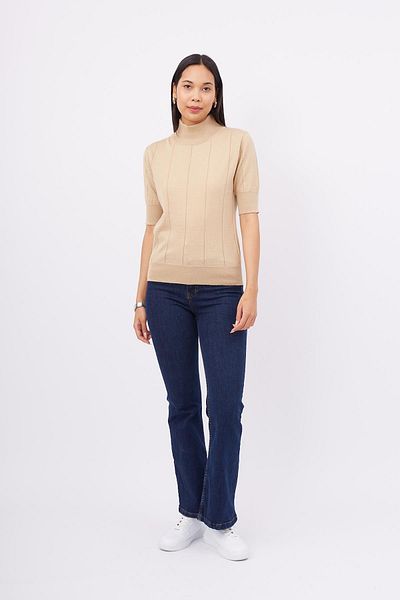 Peraluna BETTY BLOUSE بلوزة نسائية أساسية رفيعة ذات رقبة مدورة باللون البيج - بأكمام قصيرة