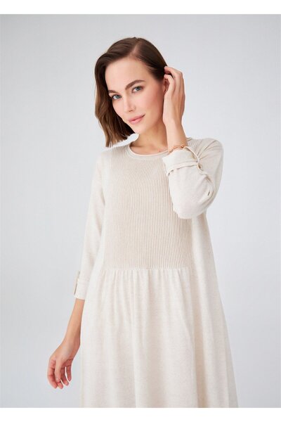 Peraluna Robe Detailed Loose Cut Merino Wool Blend Long Women's Knitwear Dress - Ecru Melange