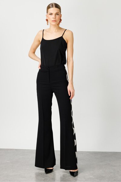 Moda İlgi Modailgi Puantiye Şeritli İspanyol Paça Pantolon - 7564 Siyah