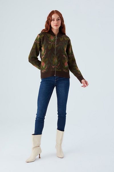 Peraluna Floral Patterned Organic Cotton Women's Knitwear Bomber Jacket - Zippered, Multicolor