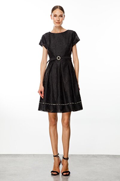 Moda İlgi Black Modailgi Flower Jacquard Pearls Half Sleeve Dress