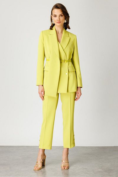 Moda İlgi Double Layer Collar and Belt Double Breasted Fashionable Jacket - Acid