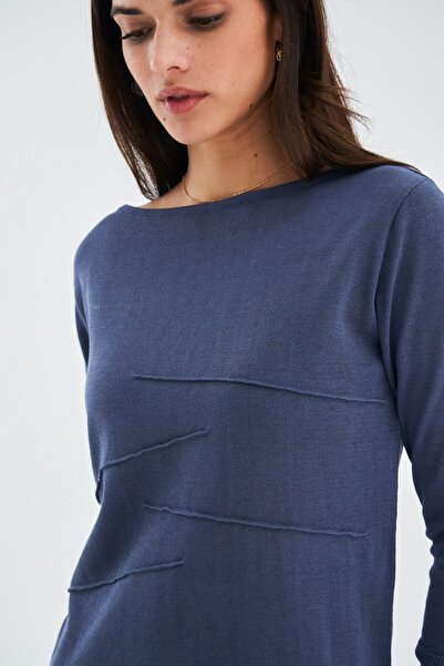 Peraluna Kayık Yaka Sade Yazlık Kadın Triko Elbise - Gri/mavi