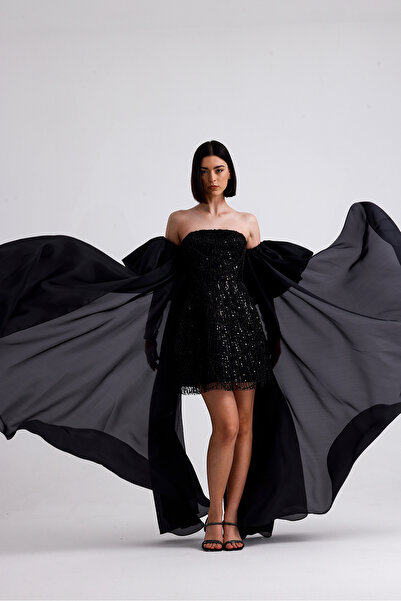 Tangül&Ali'S Moda Evi Balon Kollu Işlemeli Siyah Straplez Mini Elbise