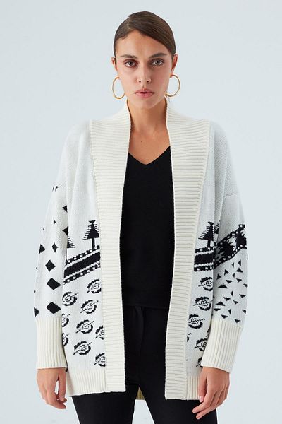 Peraluna Cardigan Moı, cu model de pin, cu croiala relaxată, lungă, pentru femei - Ecru/negru