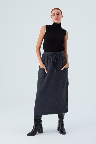 Peraluna Nora Skirt Anthracite Women's Knitwear Skirt - Relaxed Fit, Elastic Waist, Pocketed Ankle Length