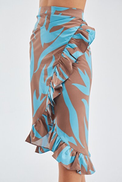 Peraluna Kalinda Skirt Patterned Matte Textured Summer Frilly Women's Pareo Skirt - Turquoise/Brown