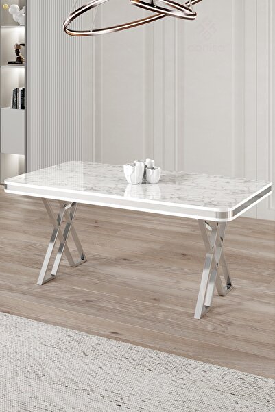 Canisa Rigel Serisi 80x130 Lak Panel Sabit Masa Beyaz Mermer Desen Krom Ayaklı