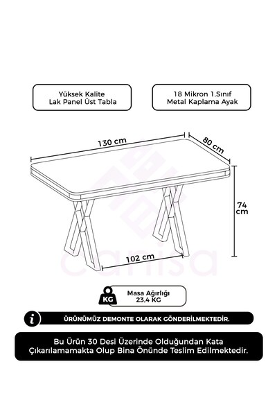 Canisa Vals Serisi 80x130 Lak Panel Sabit Masa Beyaz Mermer Desen Krom Ayaklı