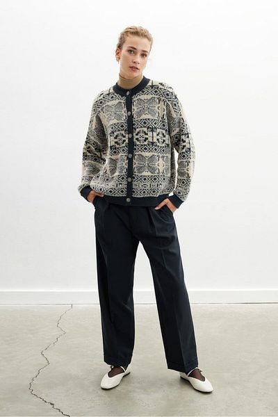 Peraluna Flora Jacket Crew Neck Jacquard Cotton Blend Γυναικείο Πλεκτό Παλτό - Σαμπάνια